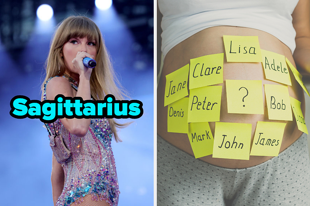 On the left, Taylor Swift performing on stage labeled Sagittarius, and on the right, a pregnant belly covered in sticky notes with names written on them