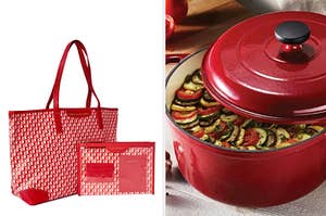 a red bag set and a red Dutch oven with green, yellow and red veggies in it