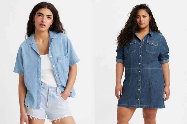 on the left a blue short-sleeve button-up, on the right a dark denim mini dress