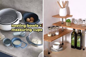 a photo of the nesting measuring cups, colander, and sieve / three-tiered corner shelf holding spices