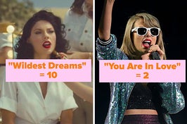 taylor swift in two separate images: on the right is her in the wildest dreams song music video, on the left is her in sunglasses singing into a mic