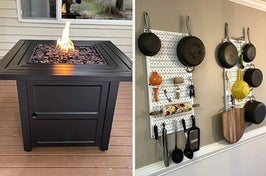 on left: square black outdoor fire pit with lit flame. on right: white peg boards with kitchen utensils and pots and pans