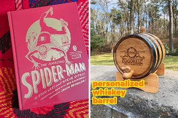 Reviewer's hardcover Spiderman comic book / a wooden whiskey barrel "personalized whiskey barrel"