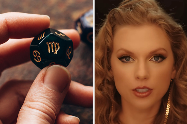 On the left, a zodiac cube with a Virgo symbol on it, and on the right, Taylor Swift in the Karma remix video