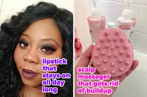 lipstick on the left and scalp massager on the eright