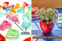 on left: colorful gem-shaped candies. on right: strawberry-shaped flower vase with daisies