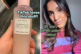 Watermelon toner "TikTok loves this stuff!", selfie of BF editor Jasmin "SPF that's perfect under makeup!"