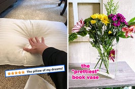 reviewer pressing down on a white pillow showing how plush it is, next to a 5 star review / a book vase filled with flowers