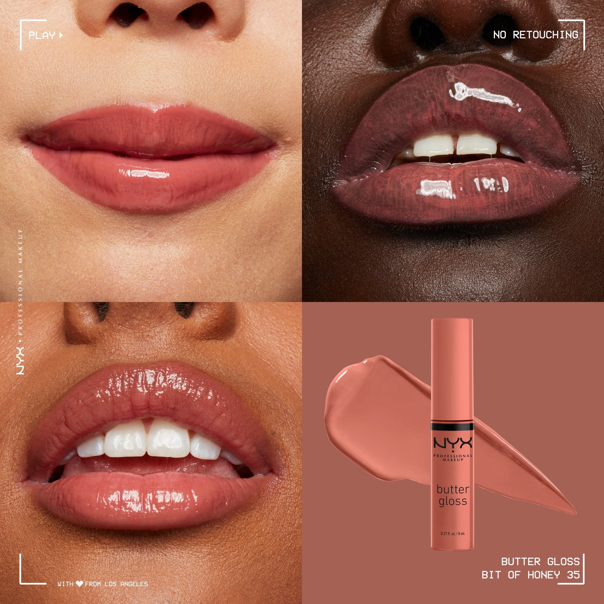 the lip gloss shown on three models of light, medium, and deep skin tones