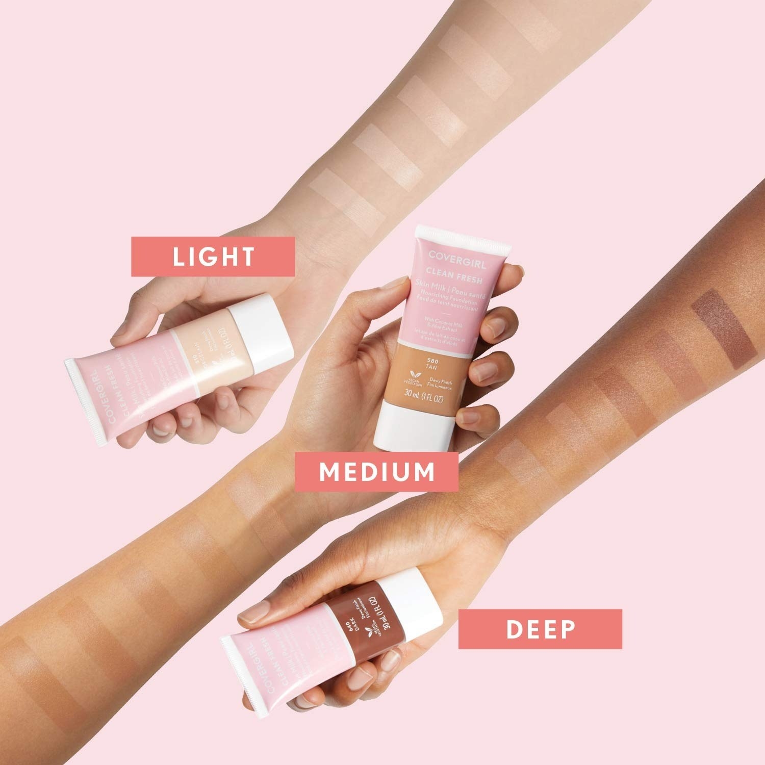 the foundation shown on light. medium, and deep skin tones