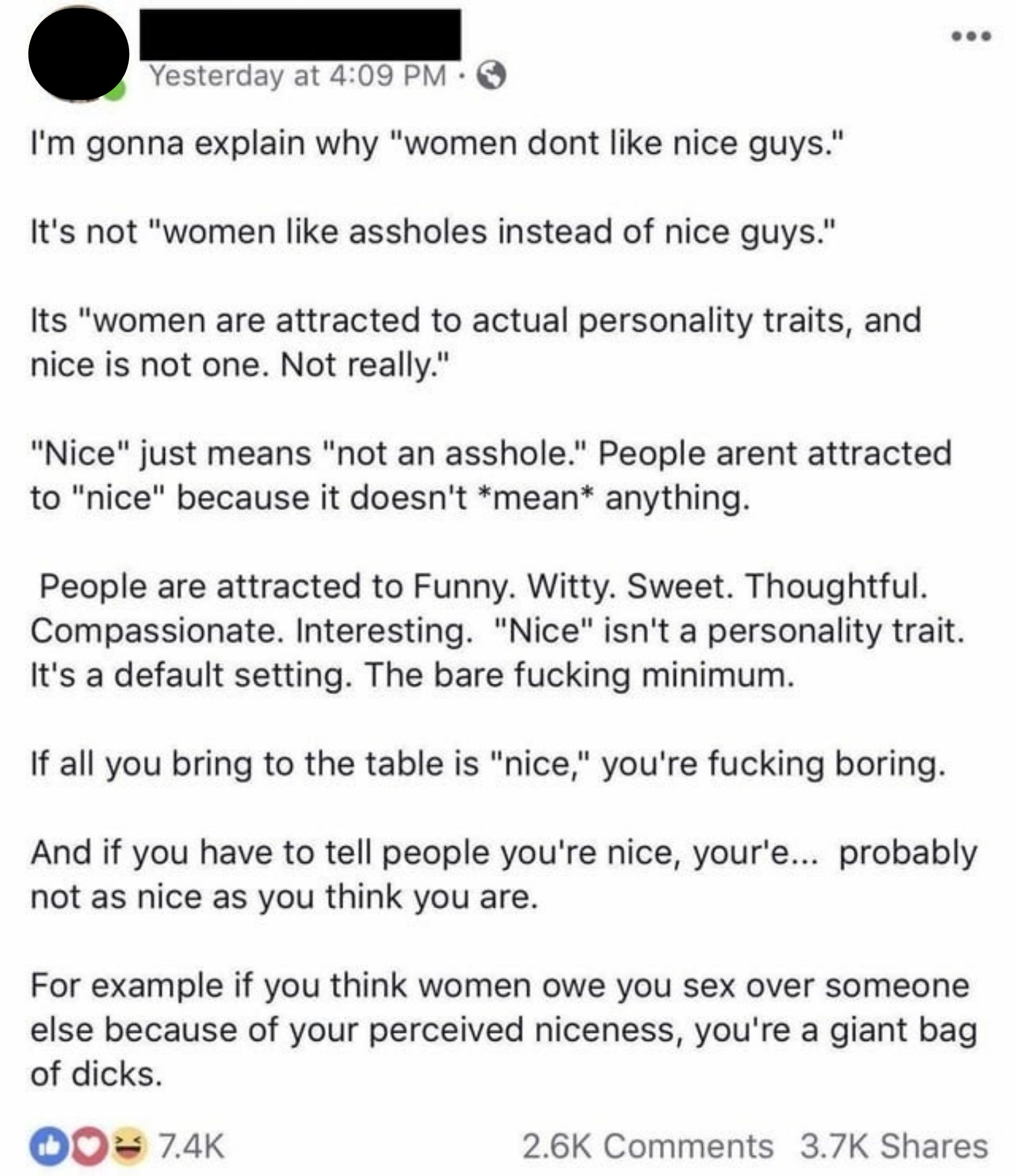&quot;People aren&#x27;t attracted to &#x27;nice&#x27; because it doesn&#x27;t *mean* anything.&quot;