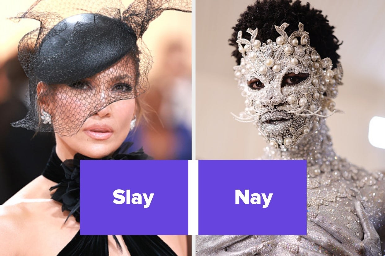 On the left Jennifer Lopez wearing a stylish hat, and on the right, Lil Nas X wearing a jeweled look with slay or nay typed in the middle