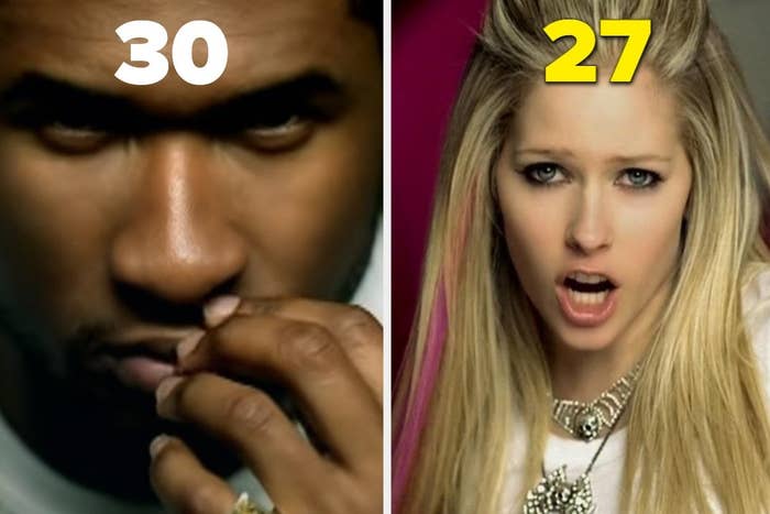 On the left, Usher in the My Boo music video labeled 30, and on the right, Avril Lavigne in the Girlfriend music video labeled 27