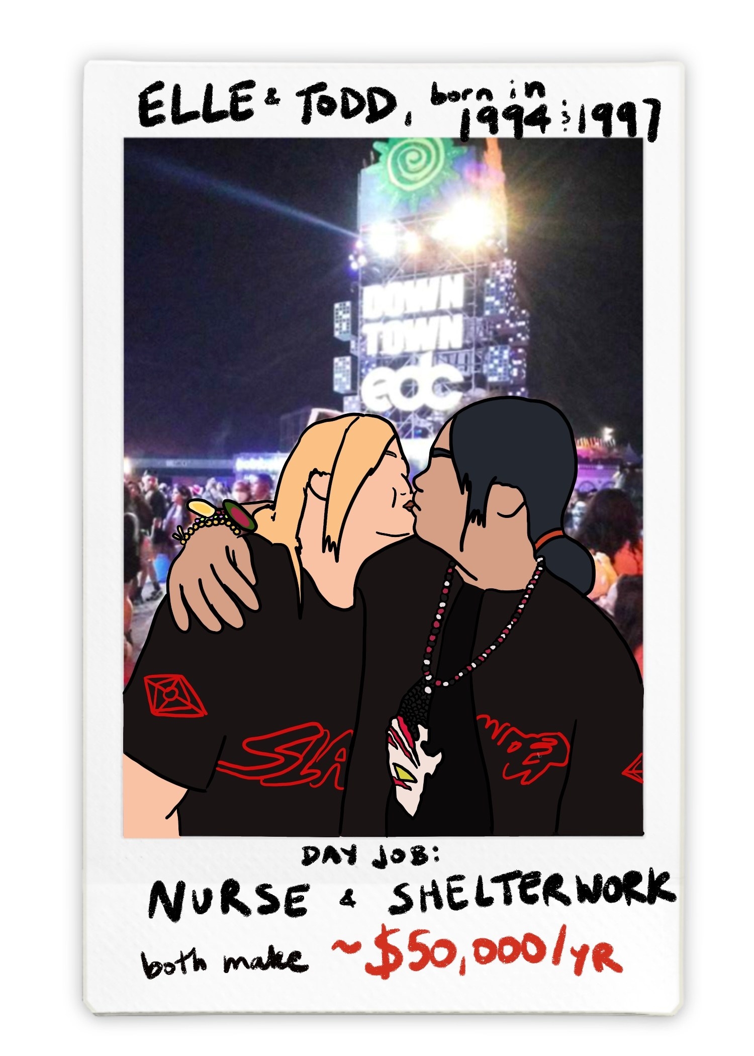 nurse and shelter-work couple kiss in front of the downtown edc sign