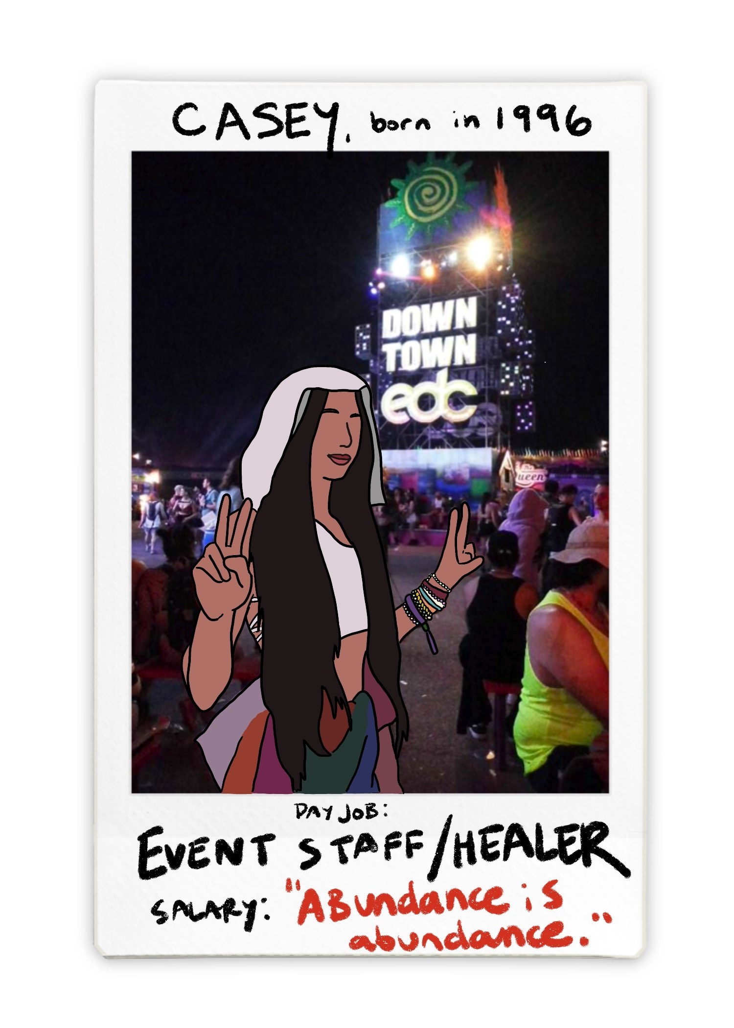 casey the energy healer poses in the middle of downtown edc