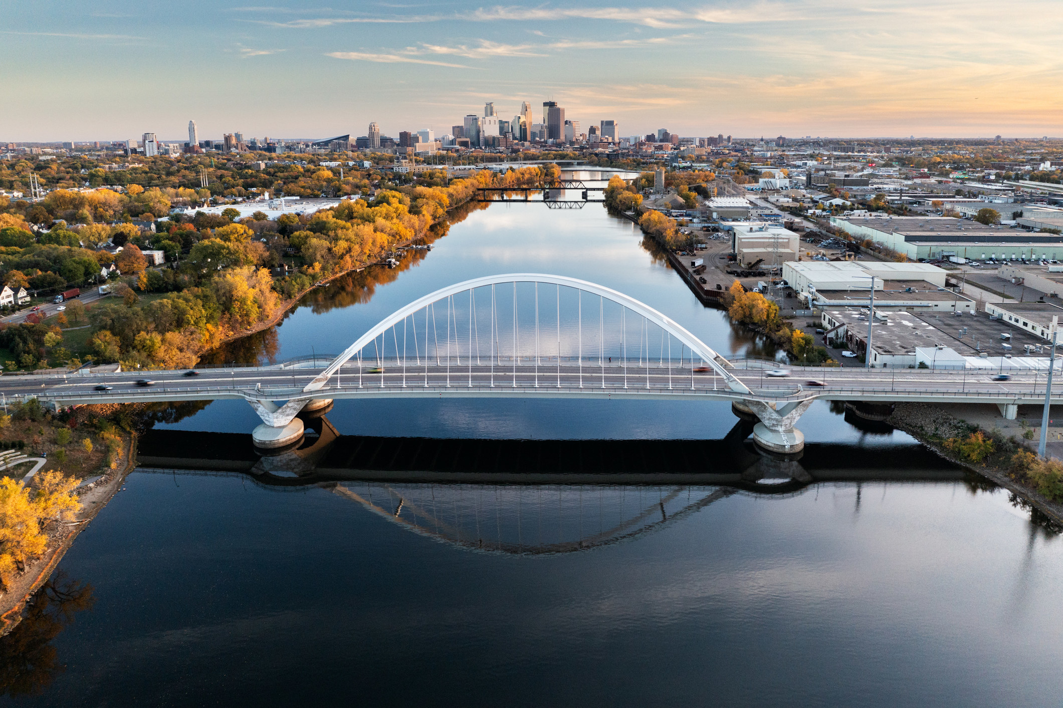 Aerial view of Minneapolis and the Lowry Avenue bridge.