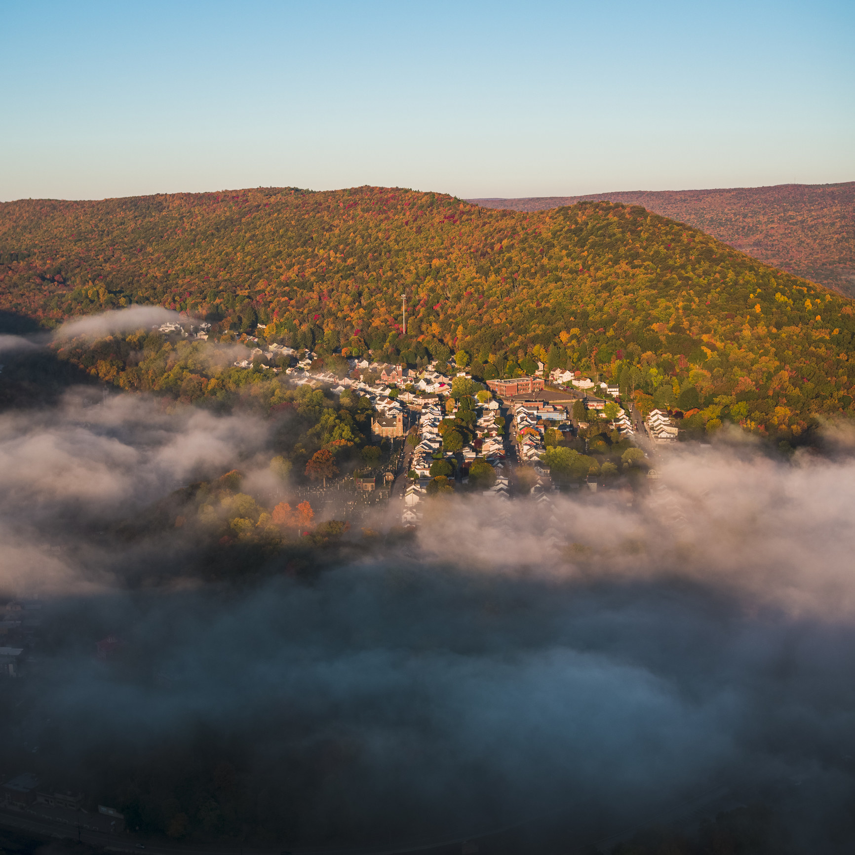 Low clouds over the historical town Jim Thorpe.