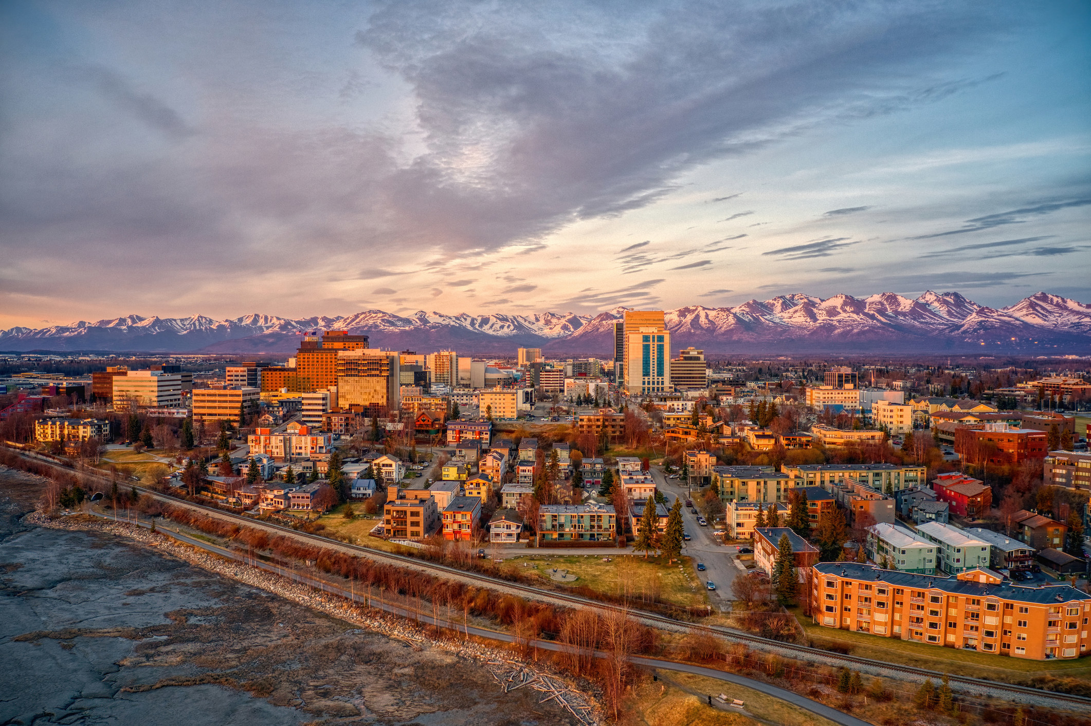 Aerial View of a Sunset over Downtown Anchorage, Alaska.