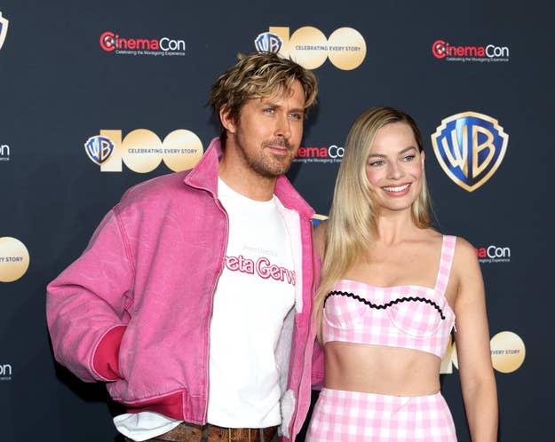 Ryan Gosling and Margot Robbie pose for photos as they promote the upcoming film "Barbie"