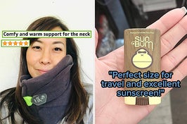 L: reviewer wearing gray Trtl neck pillow with quote on image "comfy and warm support for the neck" R: sunscreen stick with reviewer quote on image "perfect size for travel and excellent sunscreen"