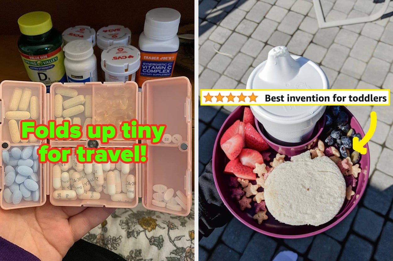 L: seven-compartment medicine organizer that folds up small for travel R: stroller tray with reviewer quote on image "best invention for toddlers"