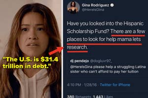 On the left is a shocked Gina Rodriguez with caption "The US is $31.4 trillion in debt" and on the right is a screenshot of Gina Rodriguez responding to a fan on Twitter
