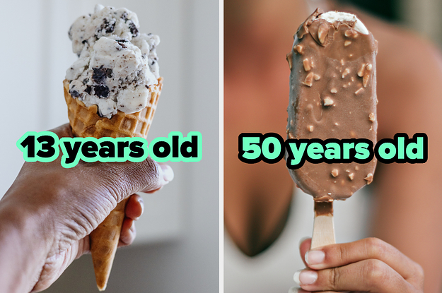 On the left, someone holding a cookies and cream ice cream cone labeled 13 years old, and on the right, someone holding a chocolate ice cream bar labeled 50 years old