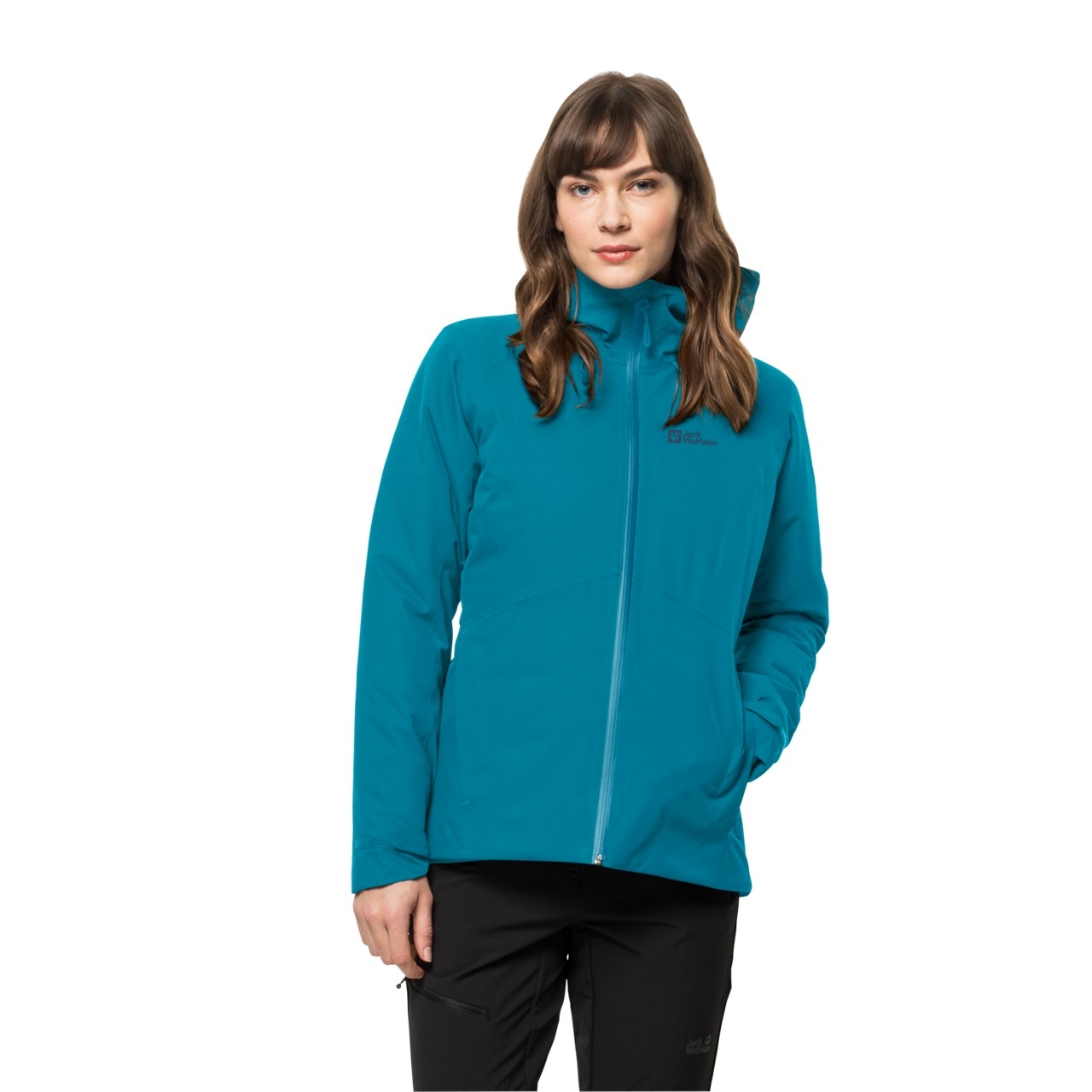 model in blue insulated shell jacket