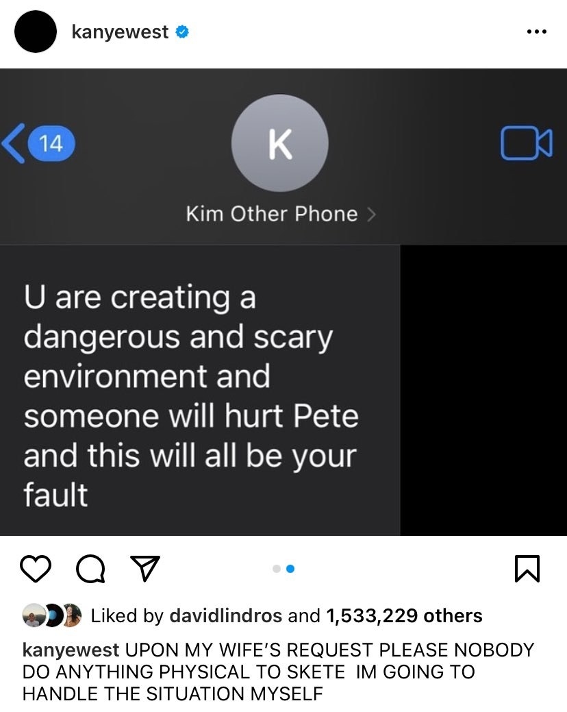 kim&#x27;s message to kanye posted on his instagram asking people to leave pete alone