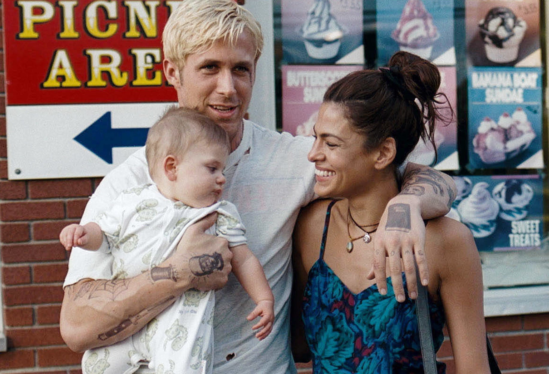 Ryan and Eva and a baby in The Place Beyond the Pines