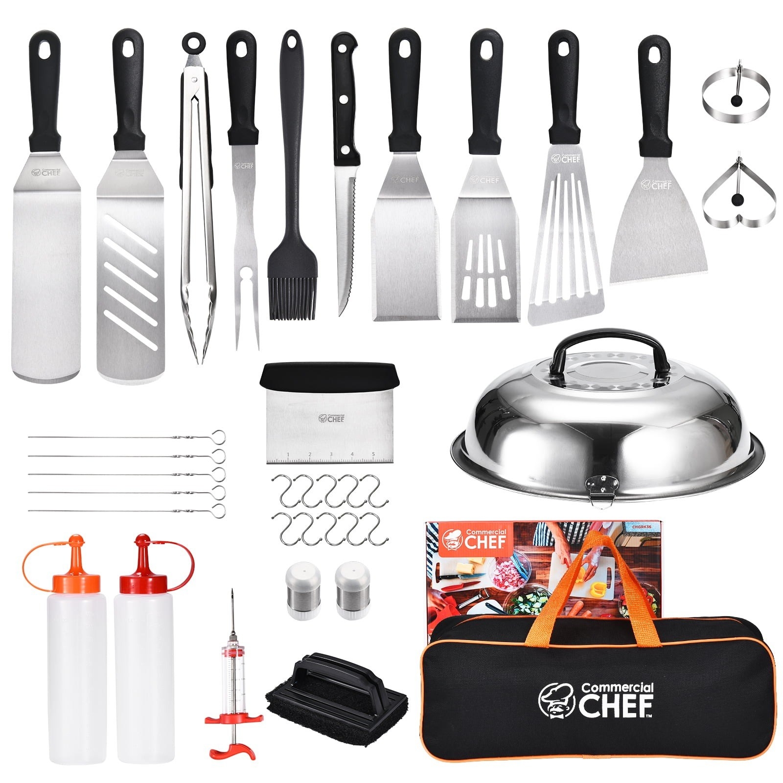The contents of the 36-piece grill accessory set and black carrying bag at bottom right