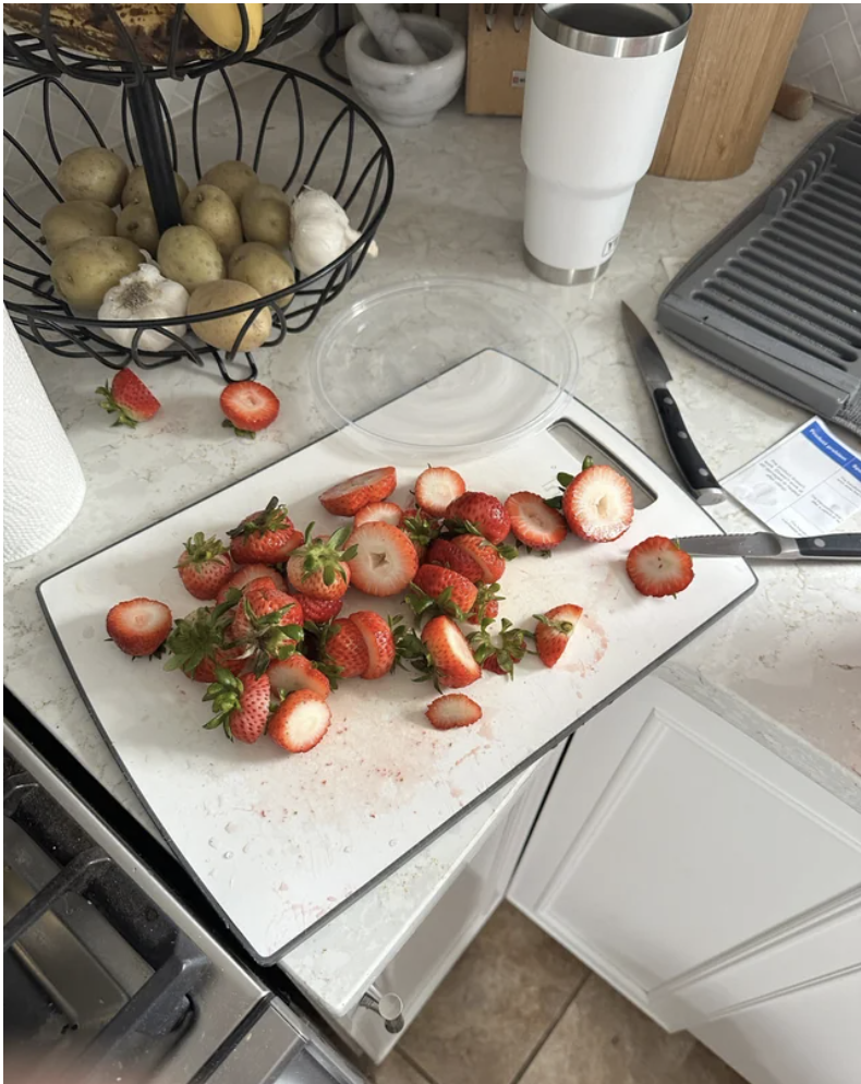 Cut-up pieces of strawberry stems that consist of most of the berry