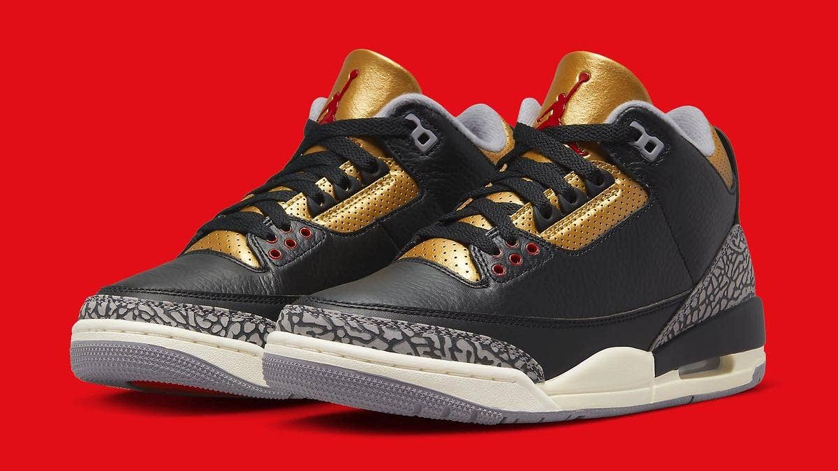 A new 'Black Cement'-esque black and gold Air Jordan 3 is officially dropping women's sizing in October 2022. Click here for an official look.