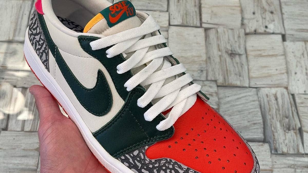 SoleFly owner Carlos Prieto shared images of the 'What The' SoleFly x Air Jordan 1 Low sample on social media. Click here to learn more about the sneaker.
