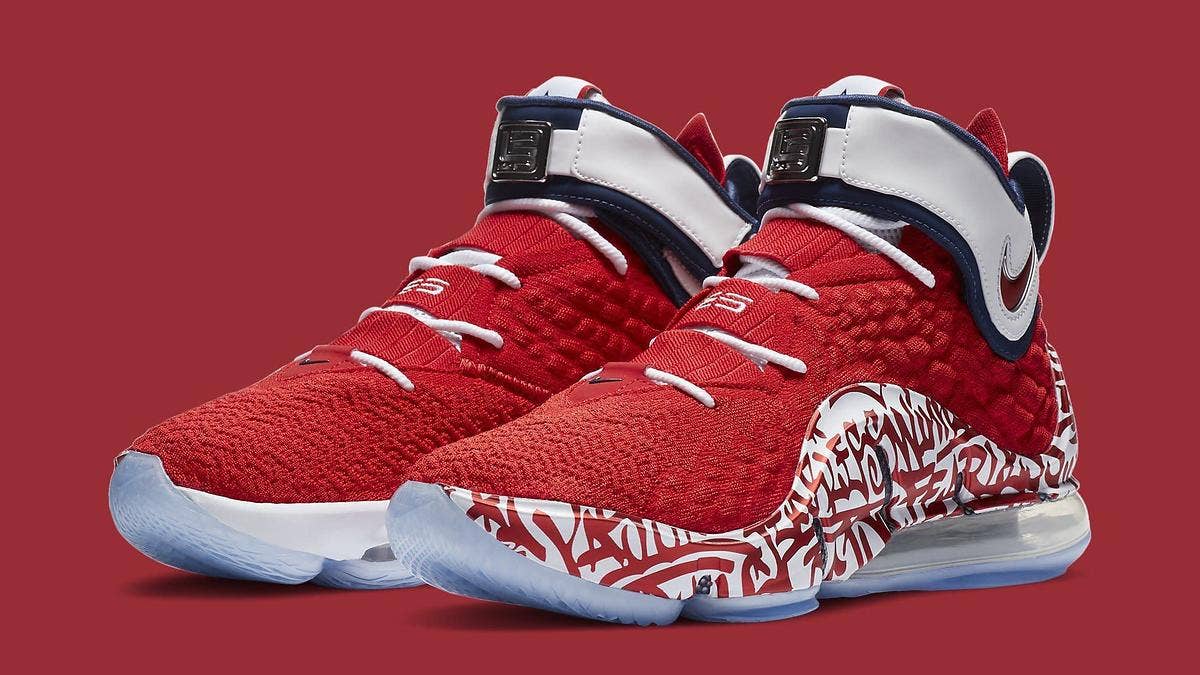 Retail images of the upcoming 'Graffiti Fire Red' Nike LeBron 17 have surfaced and will be releasing in July 2020. Click here to learn more.