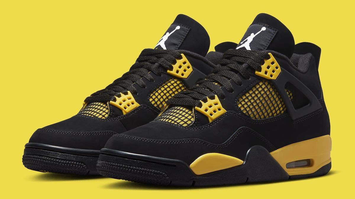 The popular 'Thunder' colorway of the Air Jordan 4 is dropping again via SNKRS in May 2023. Click here for a detailed look at the forthcoming retro.