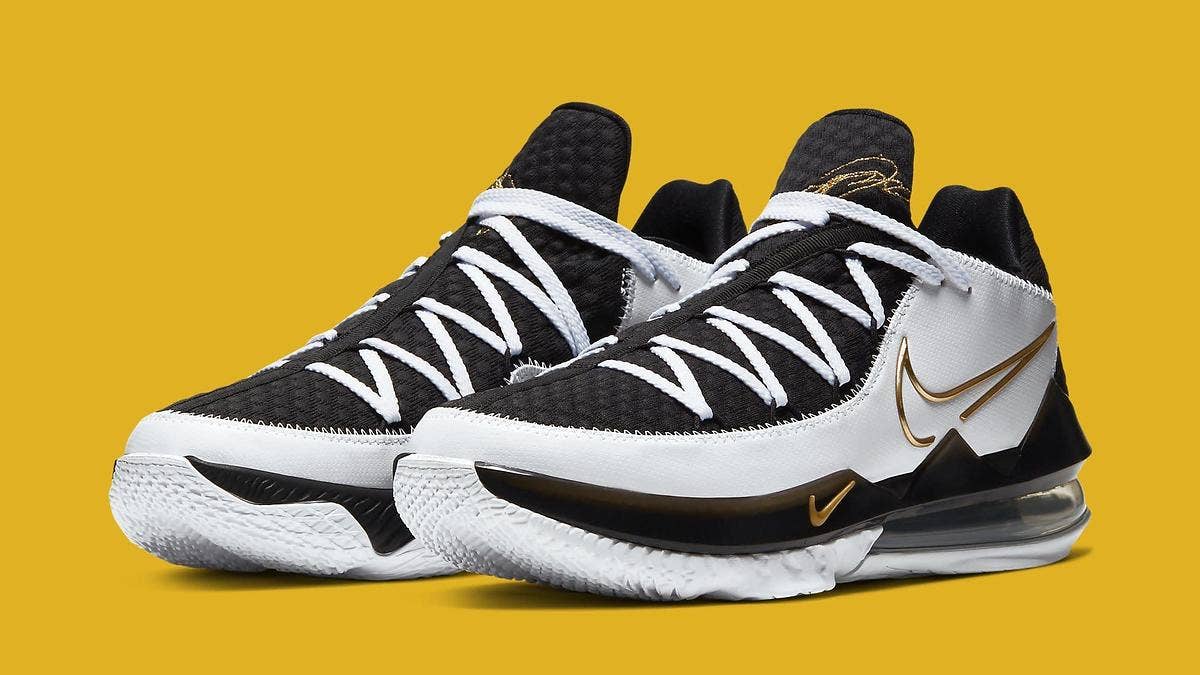 A new 'White/Metallic Gold-Black' iteration of the Nike LeBron 17 Low surfaces that's scheduled to release in April 2020. Click here to learn more.
