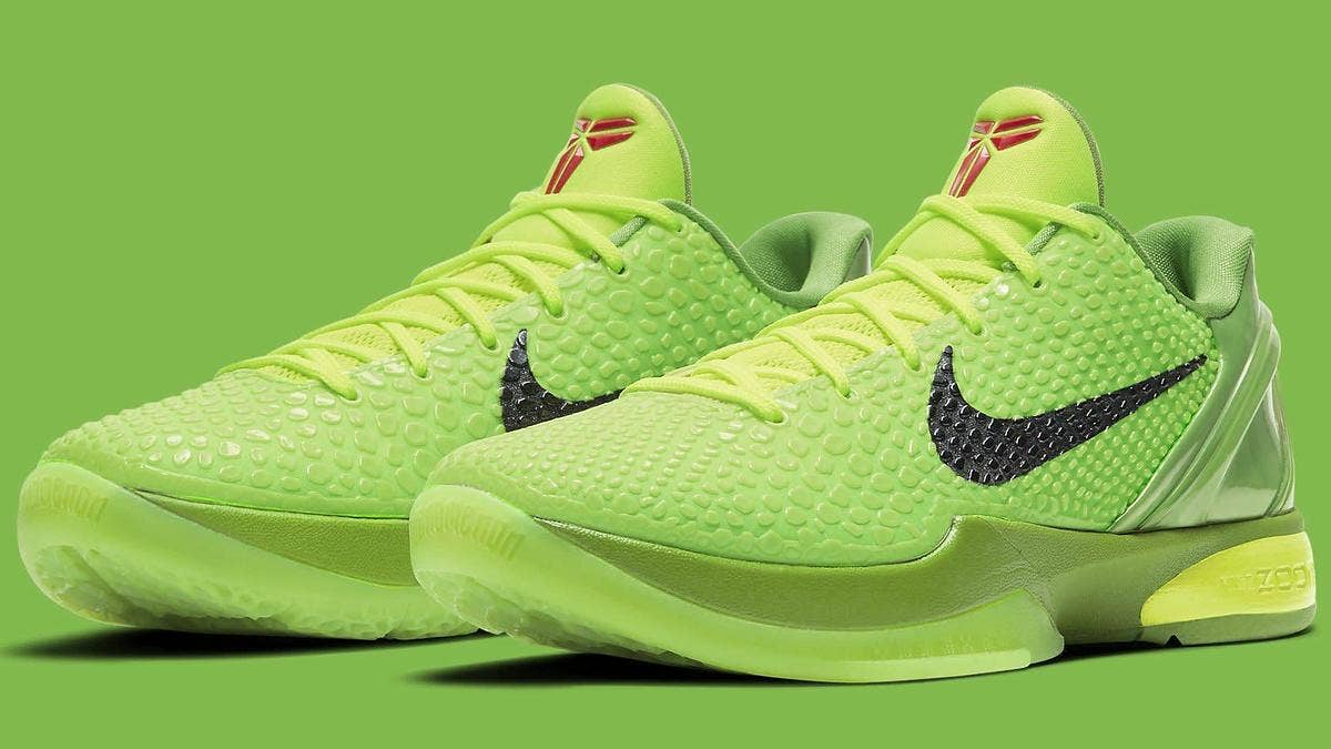 The 'Grinch' Nike Kobe retro sneaker is just a week away. Official images for the upcoming Kobe 6 Protro are out now.