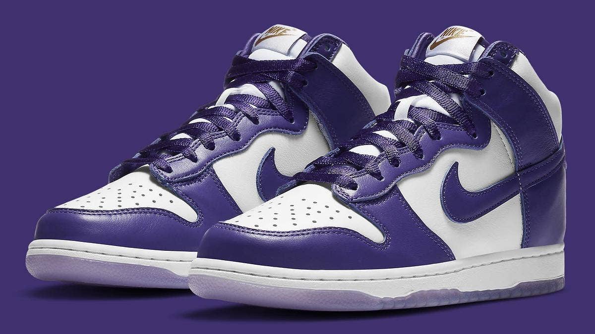 The women's exclusive 'Varsity Purple' Nike Dunk High is returning to retail for $120 in December 2022. Click for an official look and additional details.
