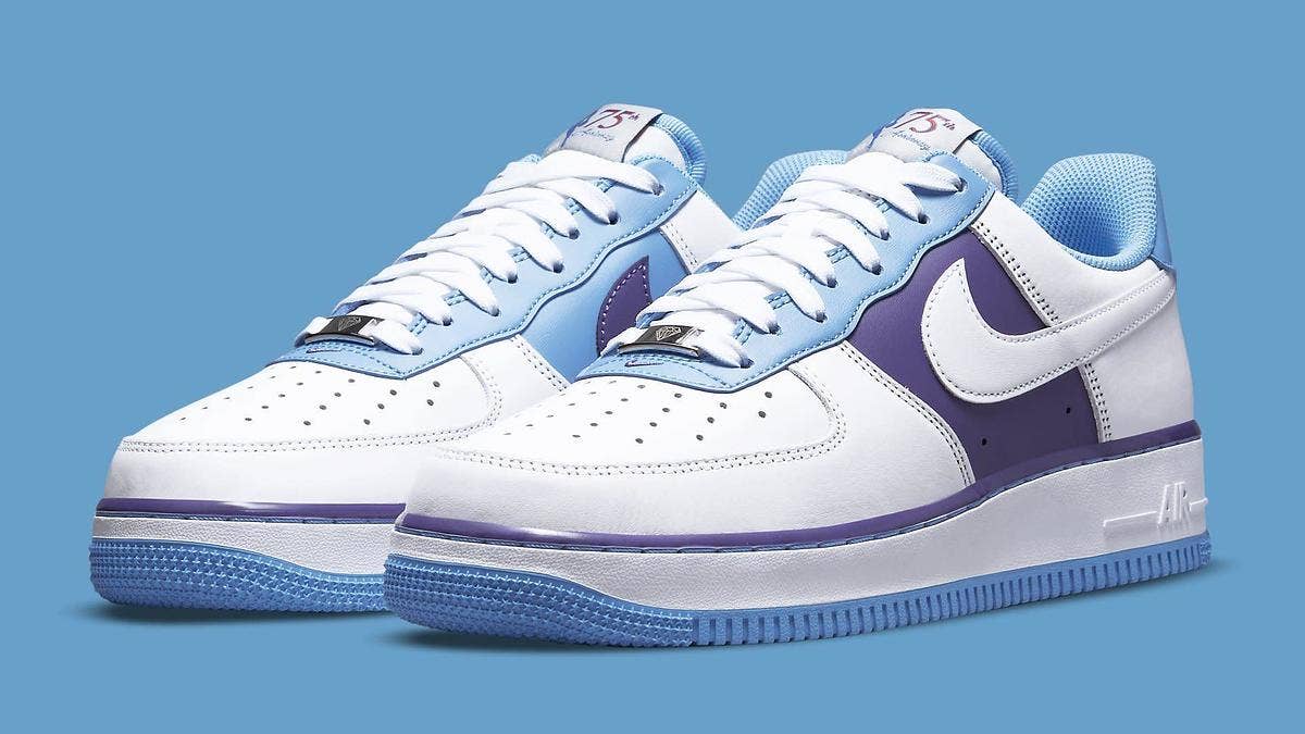 The Lakers Nike Air Force 1 feature colors from the franchise's days in both Minneapolis and Los Angeles in celebration of the NBA's 75th Anniversary.