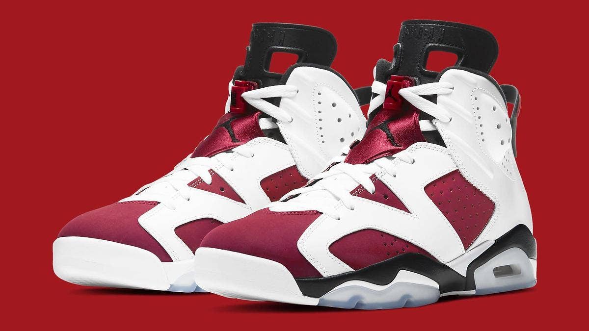 Last available in 2014, the original 'Carmine' Air Jordan 6 is releasing again in February 2021. Click here for additional release info and a detailed look.