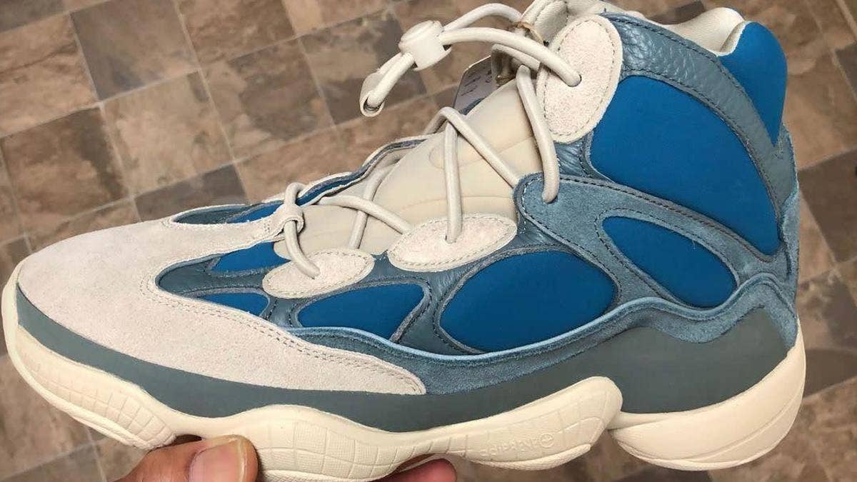 Kanye West's 'Frosted Blue' Adidas Yeezy 500 features bright blue pops alongside greyish, off-white tones on a sneaker slated to release in April 2021.