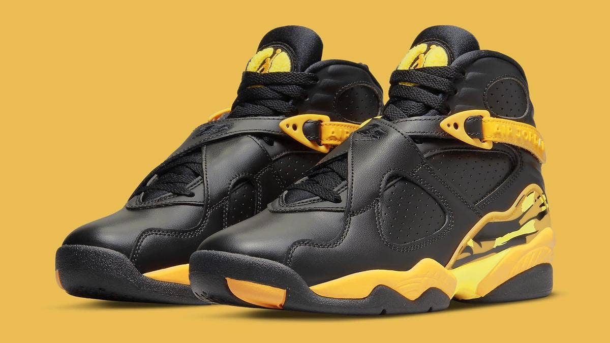 An official look and release date information for the women's exclusive Air Jordan 8 'Taxi/Opti-Yellow' featured in Jordan Brand's Summer 2022 collection.