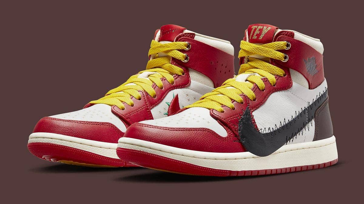 The Teyana Taylor x Air Jordan 1 'A Rose From Harlem' features a remixed upper with displaced Swooshes, gold hardware, and rose-inspired details throughout.