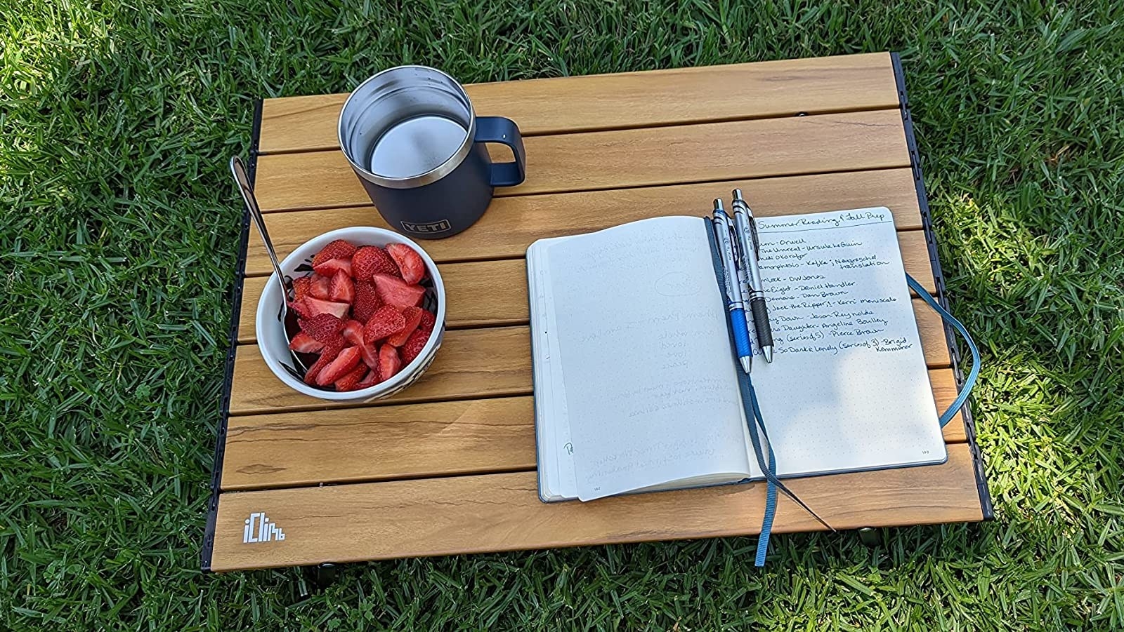 Reviewer's table is resting on grass