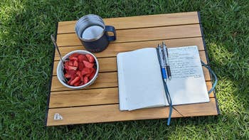 Reviewer's table is resting on grass