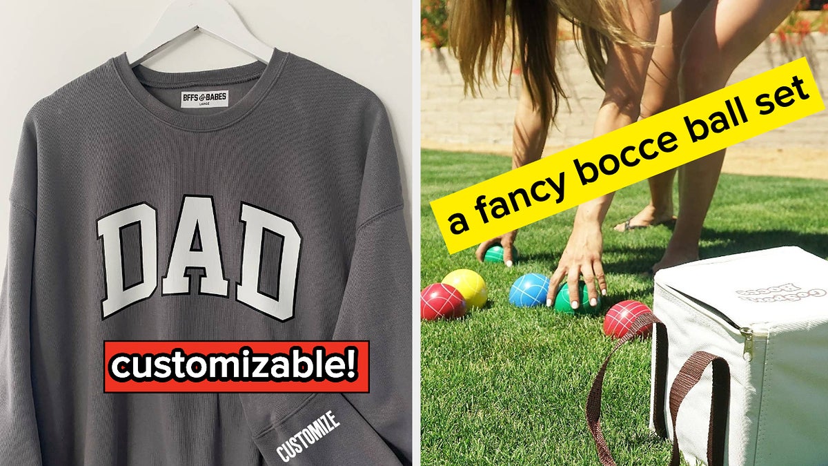 to the left: a sweatshirt that says "dad" to the right: a bocce ball set