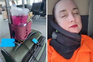Two drinks in a holder attached to the top of luggage/A reviewer wearing a neck pillow