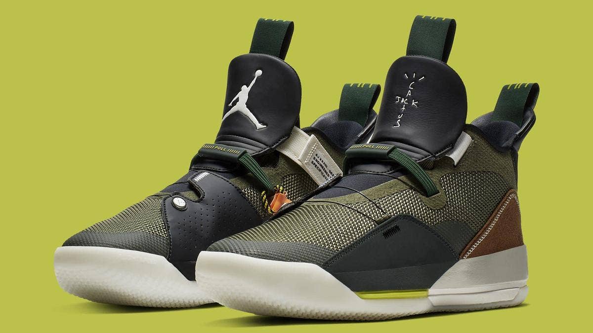 The release date and details for the new Air Jordan 33 NRG 'Travis Scott' sneakers in 'Army Olive/Black-Ale Brown-Sail.'