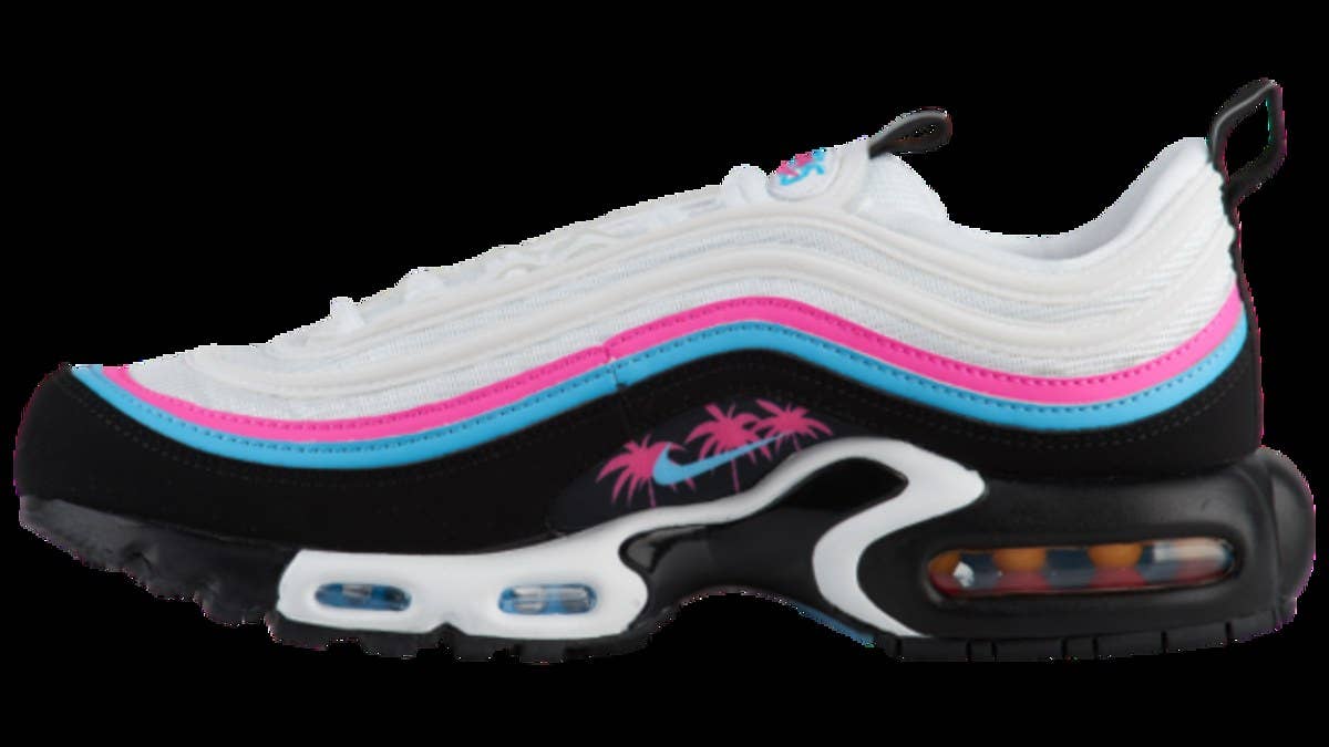 The Nike Air Max Plus 97 appears in a new twist of the 'South Beach' colorway with a mostly white scheme that includes palm trees and blue/pink accents. 